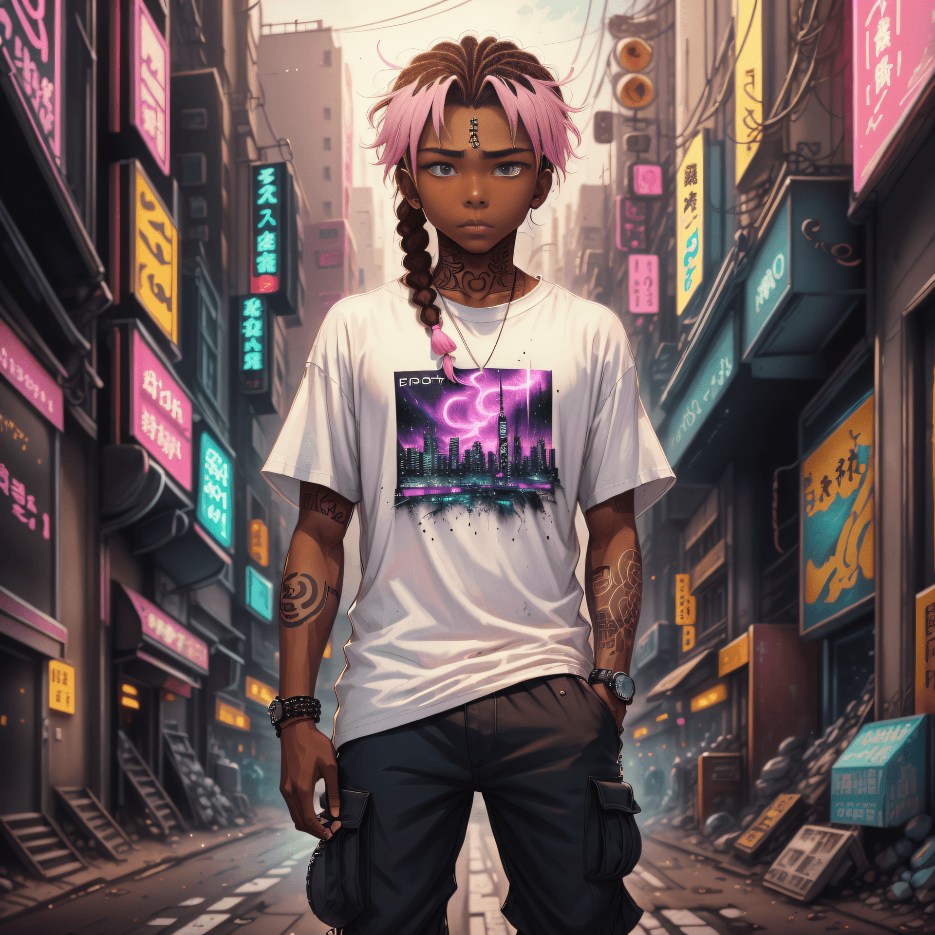 AI generated: brown-skinned boy, nagô braid hair, eyes pulled, tattoos on arm, white oversized t-shirt, white carg...