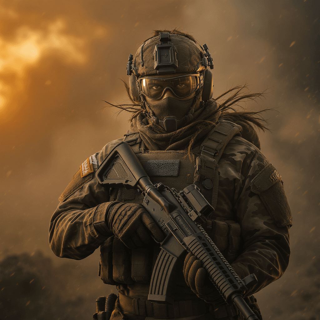 AI generated: An professional photography,front shot,black ops army ranger with a sterling SMG,cinematic war backg...