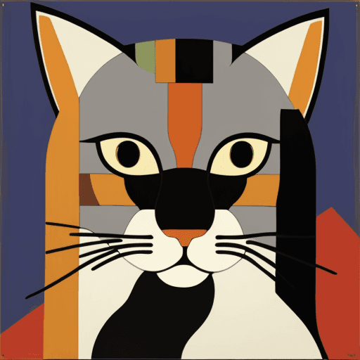 AI generated: intricate flat suprematism painting style, frontal portrait of cat by Jamini Roy and Felice Casorati