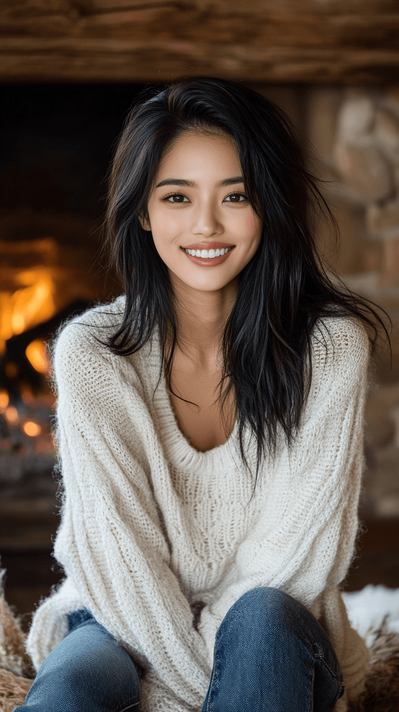 AI generated: hyper-realistic photo of an Asian woman in the warm and cozy atmosphere of winter, delicate features...