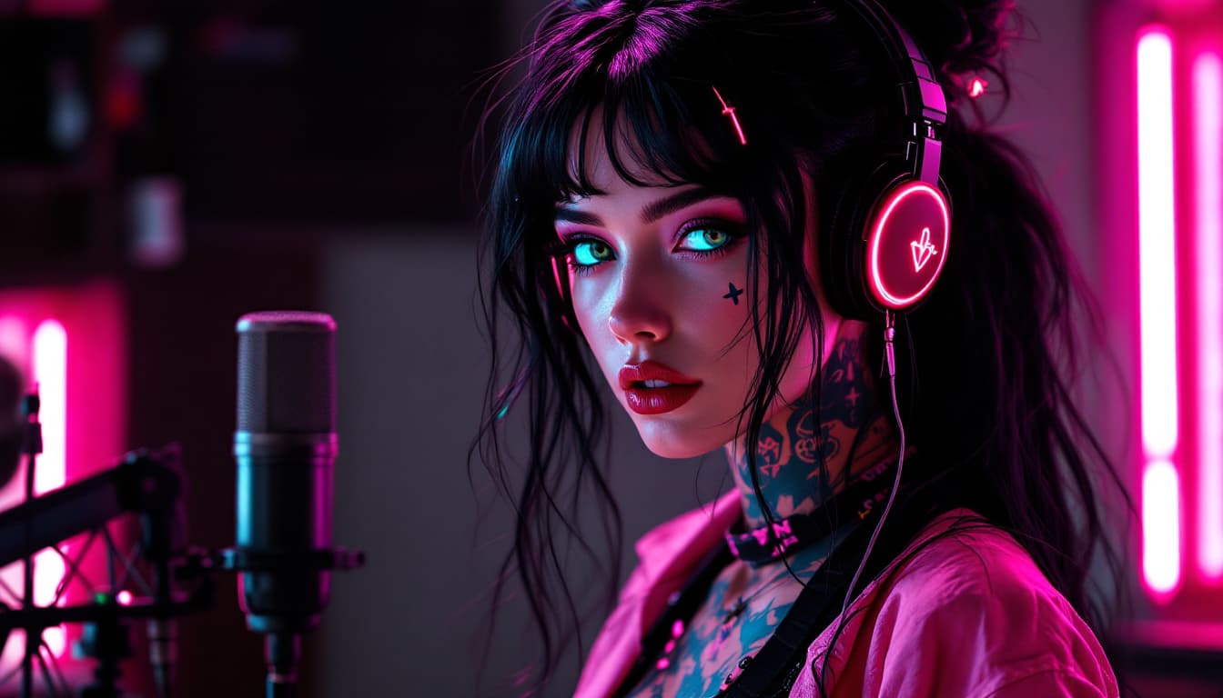 AI generated: An ultrarealistic picture in full growth of a charming neon-pink librarian, which owns knowledge in ...