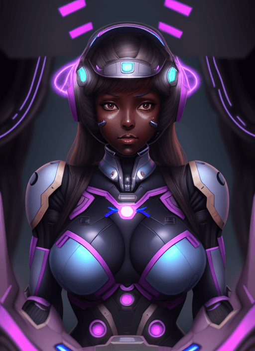 AI generated: female, dark skin, hypnosis, D.va, robot, hooked up to a machine, helmet