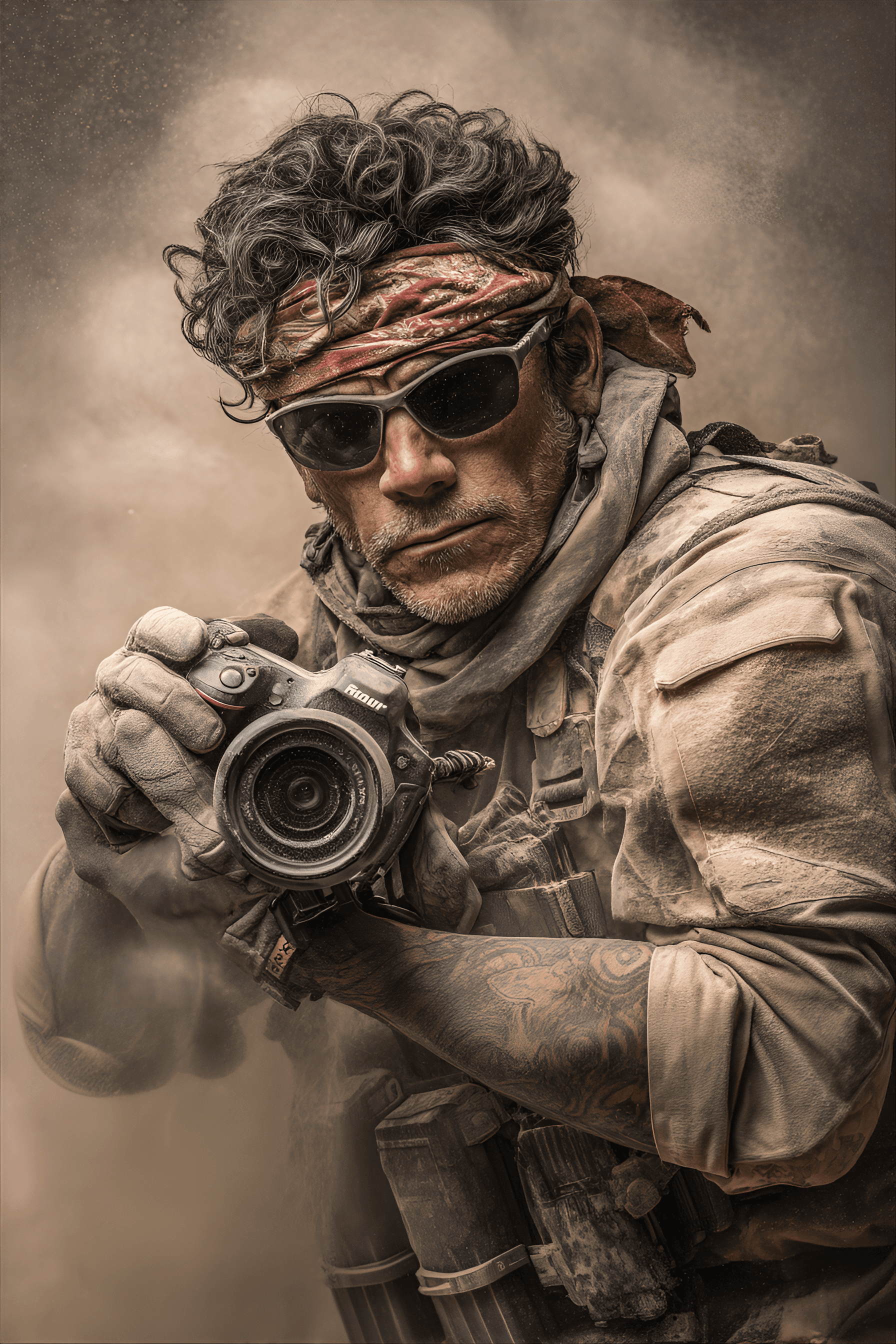 AI generated: middle-aged, Latinx man, focused and determined,  wearing tactical gear,
  with a rugged, military-...