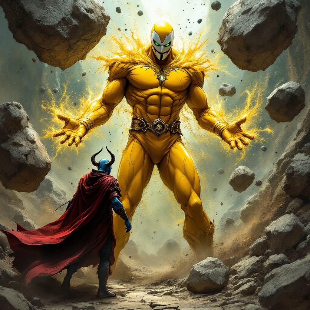 AI generated: A tall and slender hero wearing a bright yellow suit, with a white mask resembling the one from 'V f...