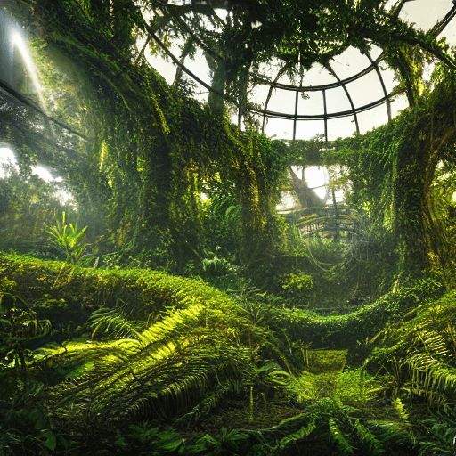 AI generated: photograph of inside a retrofuturistic and steampunk domed utopia city, overgrown with thick vines, ...