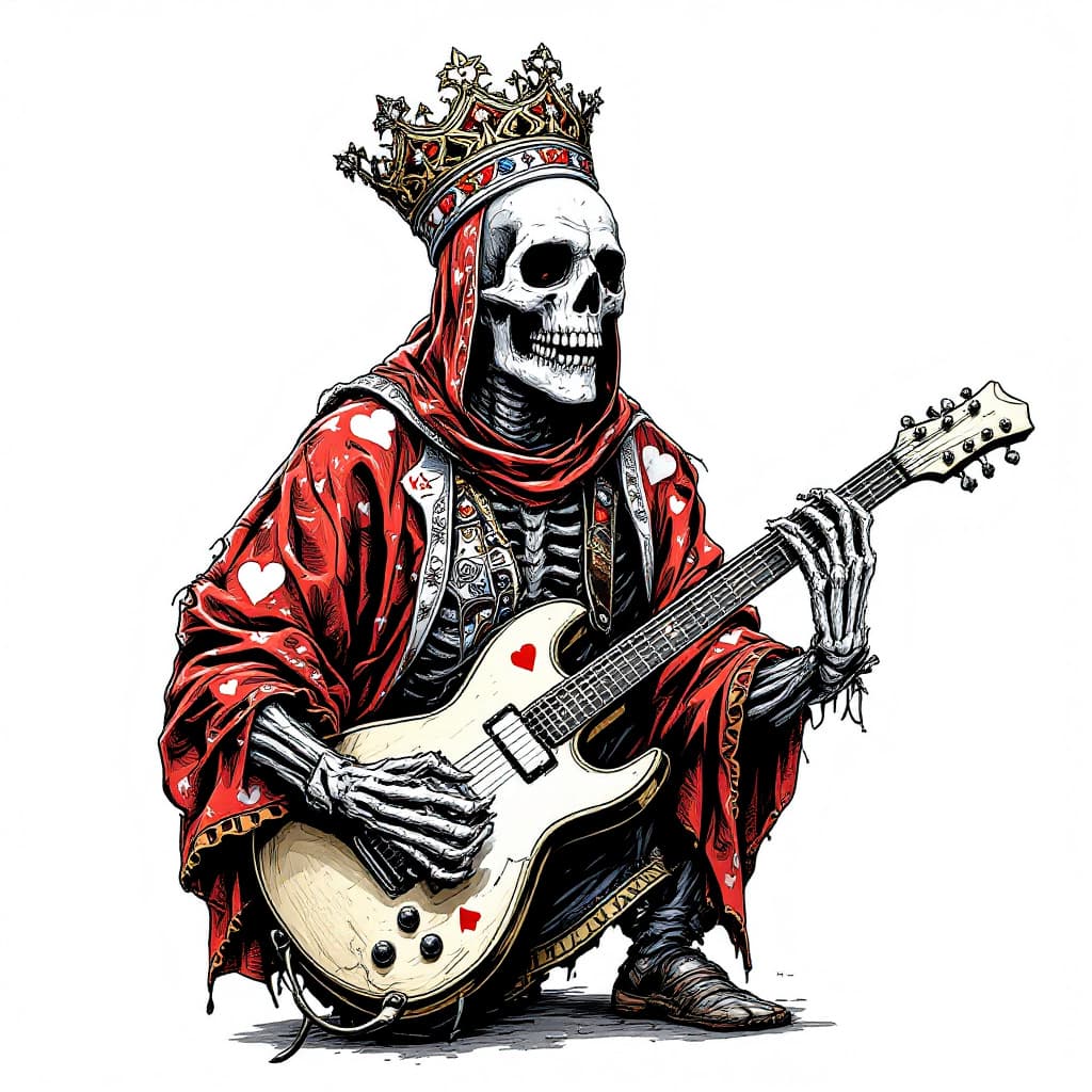 AI generated: king of hearts playing card, scary skeleton playing electric guitar,
, white background.
