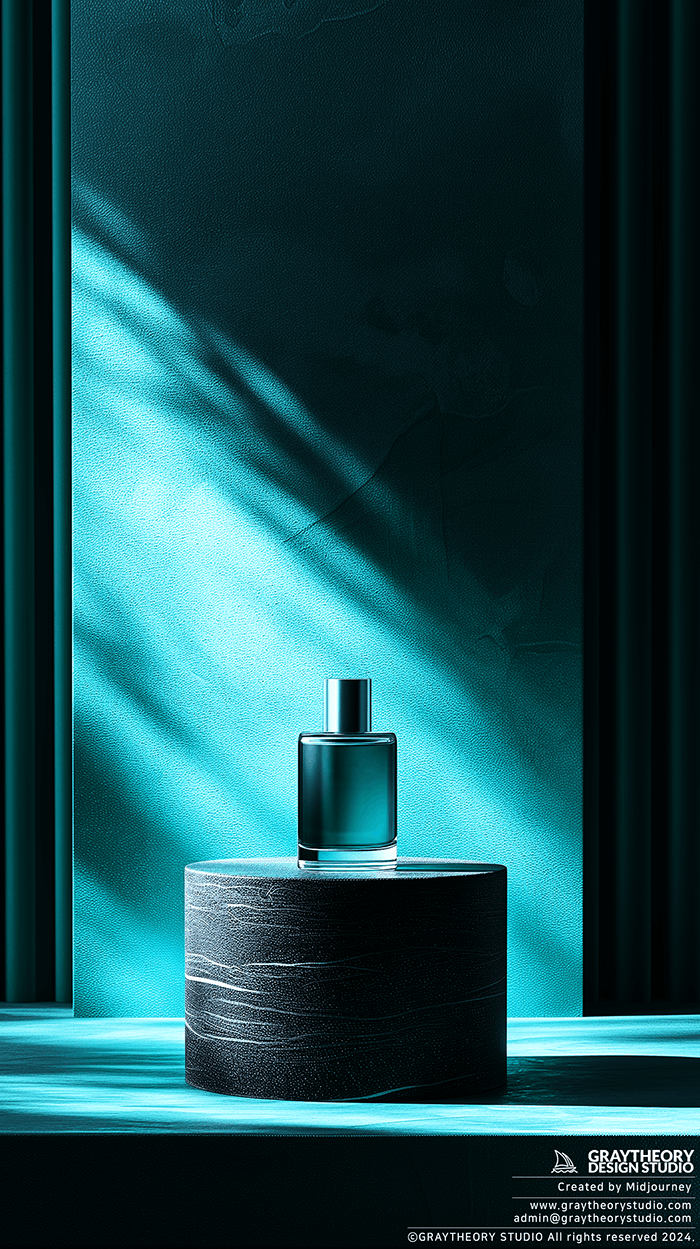 AI generated: photograph, productive view, cylinder podium with perfume, Sony A7R IV with a FE 50mm f/1.2 GM lens,...