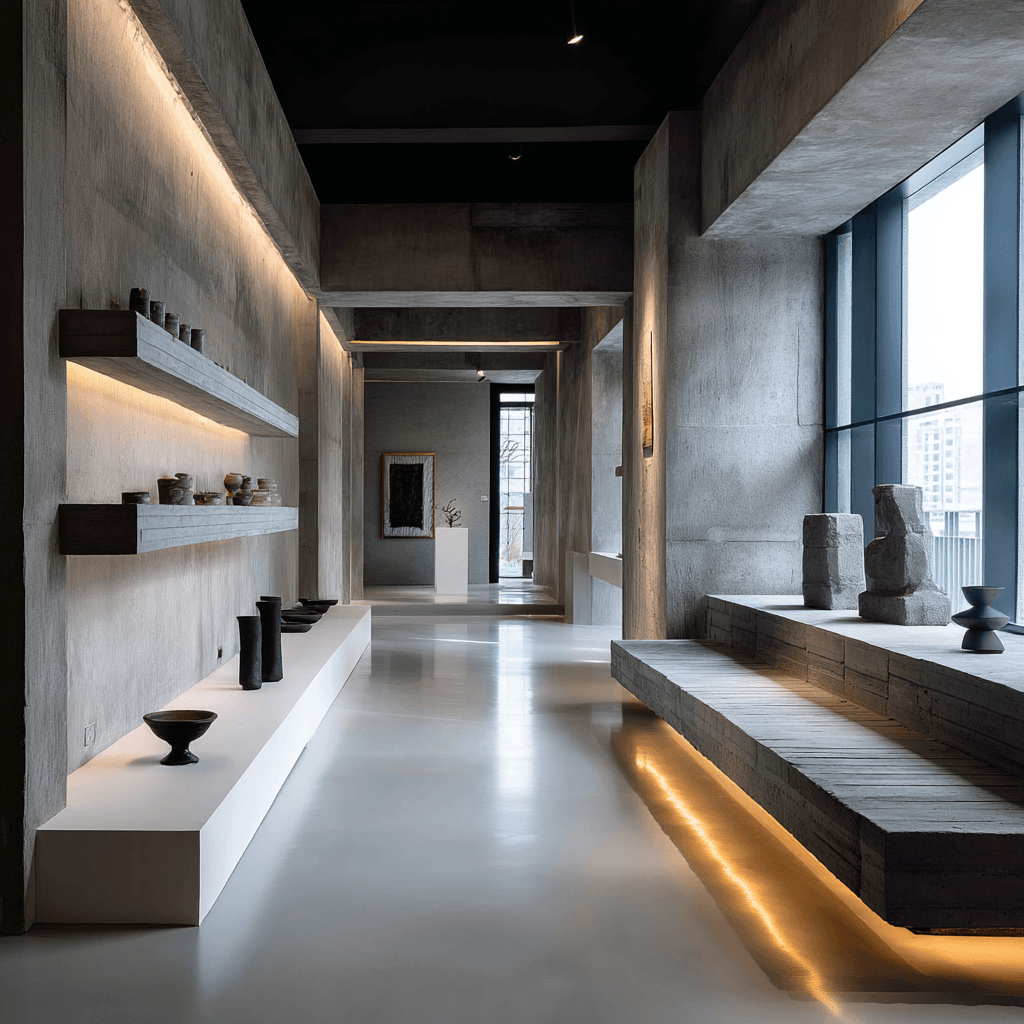 AI generated: photography, minimalist style, interior design in a modern space, strongly minimalist with brutalist...