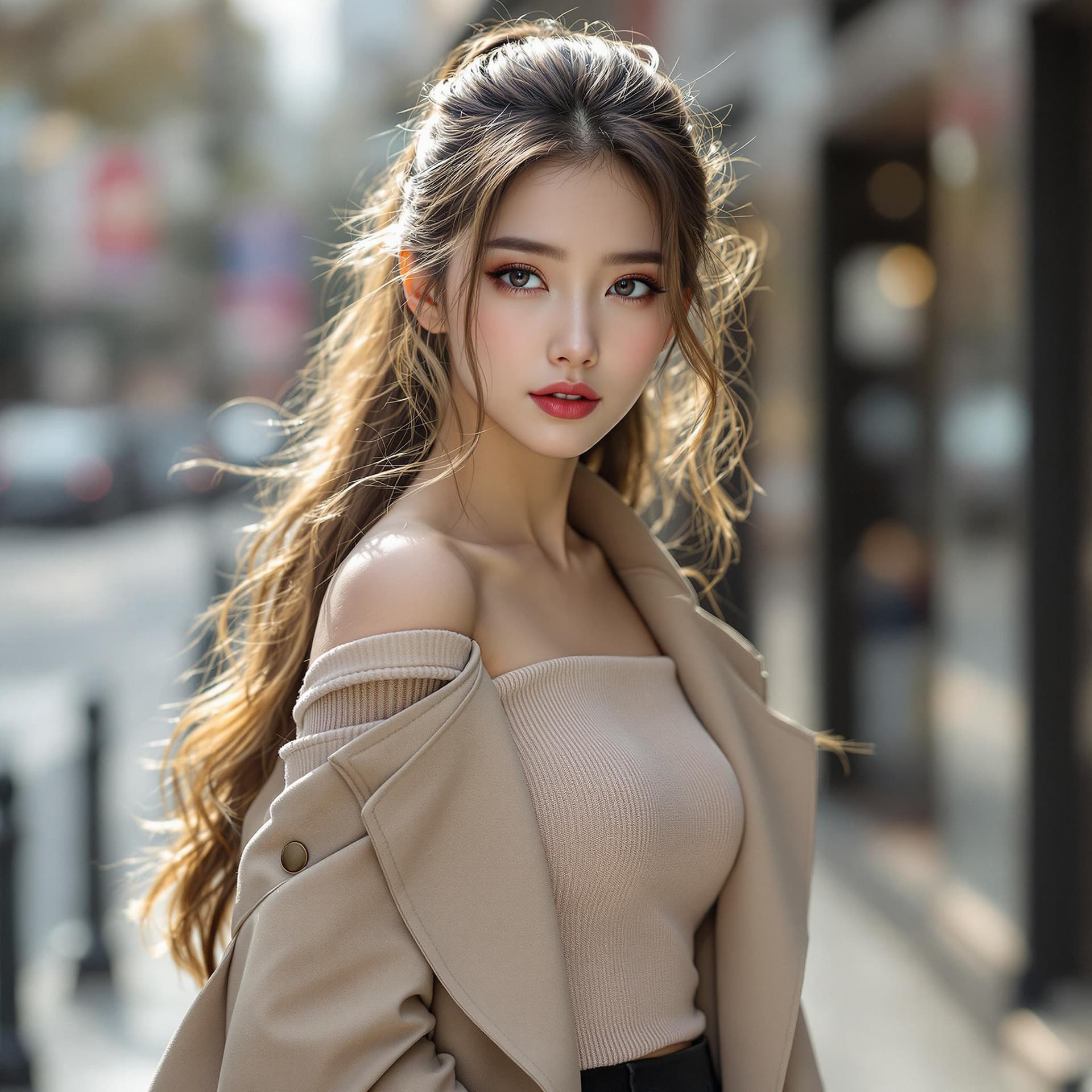 AI generated: 
    A photo of stunning Asian model with long perfect style black hair in a ponytail, professional ...