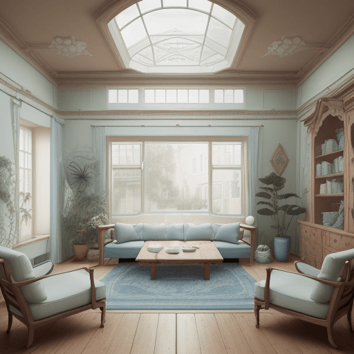 AI generated: High resolution photography interior design, dreamy sunken living room conversation pit, wooden floo...