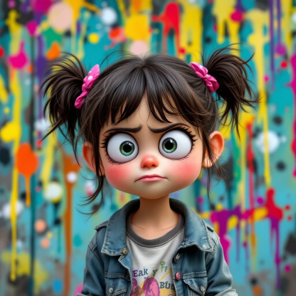 AI generated: Cartoon-style little girl with exaggerated facial expression, puffed cheeks and big wide eyes, makin...