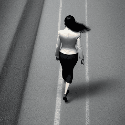 AI generated: A woman who walks fast and leaves others behind, camera angle looking from top left