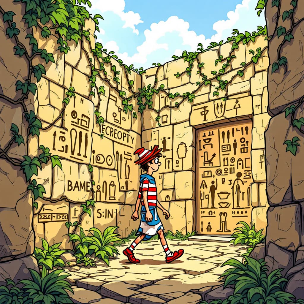 AI generated: 4:3 Draw a cartoon-style image showing a vividly detailed hieroglyphic wall made of stone and vines....