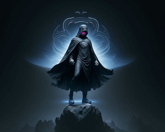 AI generated: levitating dark cloaked figure with Nike swoosh on cloak opening the void to infinity by Craig Mulli...