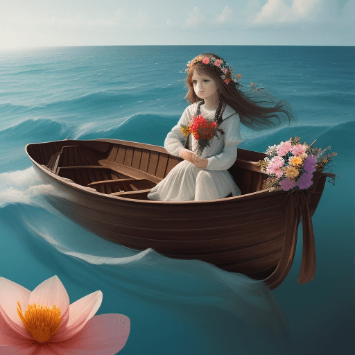 AI generated:  masterpiece a girl in a boat with a flower floating in the ocean 