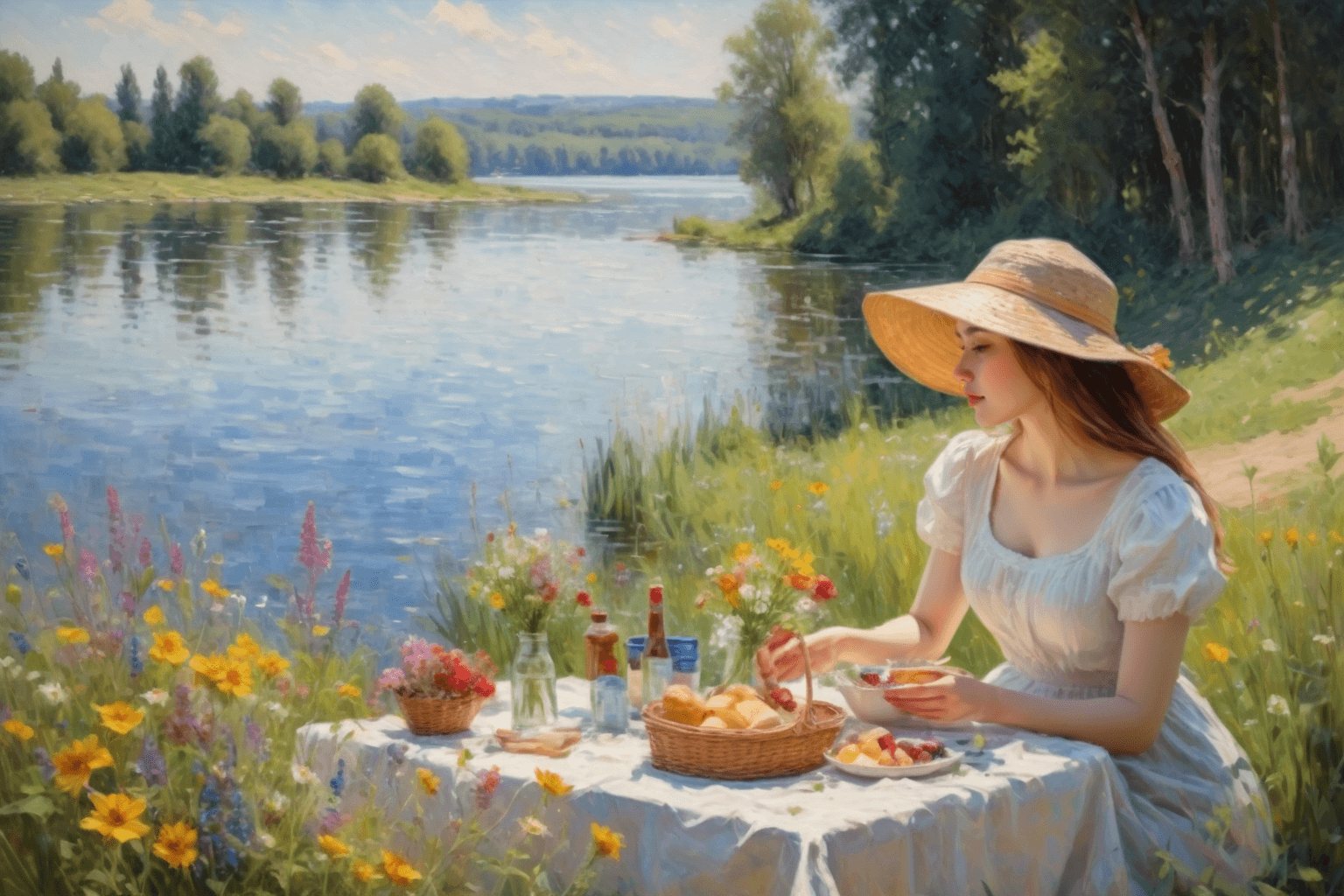 AI generated: ((masterpiece)), (Exquisite), Impressive, ((Striking)), Landscape, Lake, wildflowers, women having a...