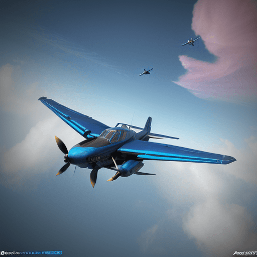 AI generated: A blue acrobatic plane with double wings fliying in the blue sky and colorful clouds, brightly day, ...