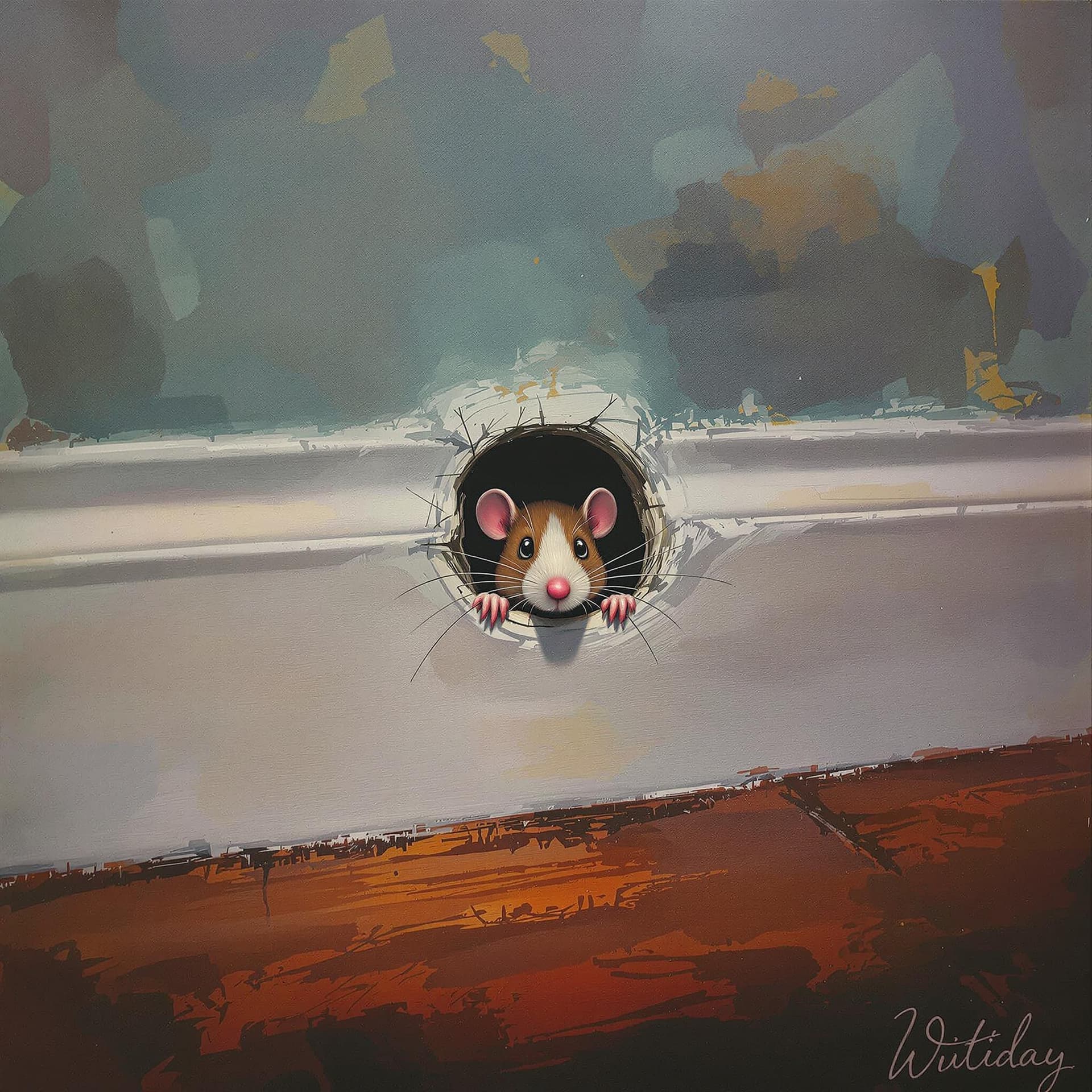 AI generated: "An illusion of a mouse hole in the baseboard with a painted mouse peeking out"