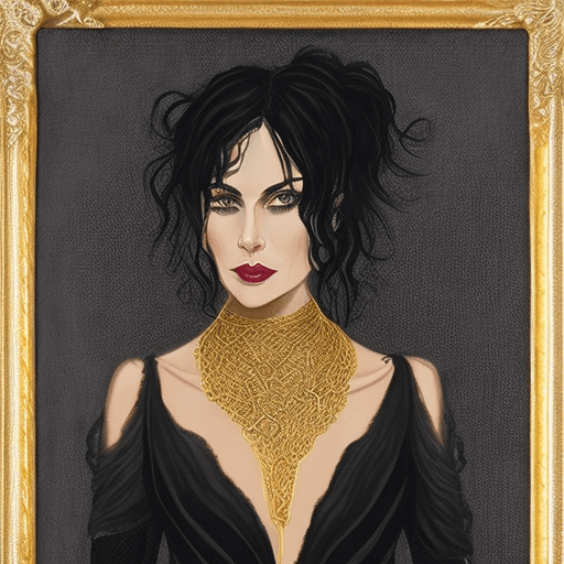 AI generated: A naked woman in a frontal pose with long, voluminous black hair, wearing a low-cut black dress with...