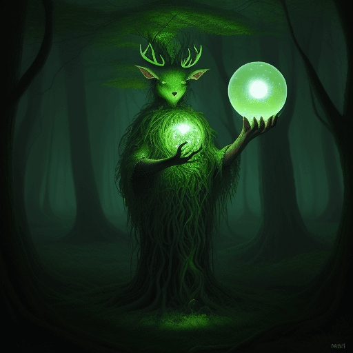 AI generated: A surreal forest guardian , holding a glowing orb