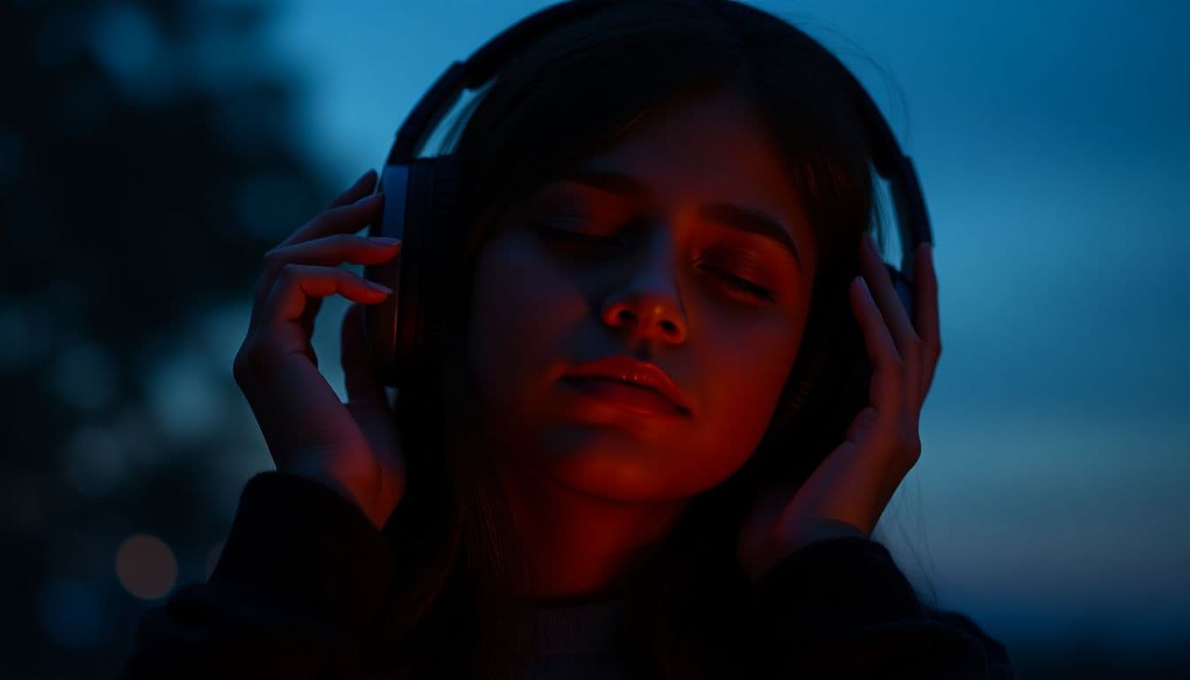 AI generated: The girl is savouring the music, with large audiophile headphones on her head. Her eyes are closed, ...