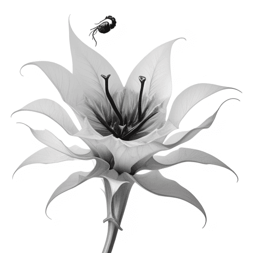 AI generated: Design of a ultra realistic datura flower with a maggot on the flower , monochrome colors , white ba...