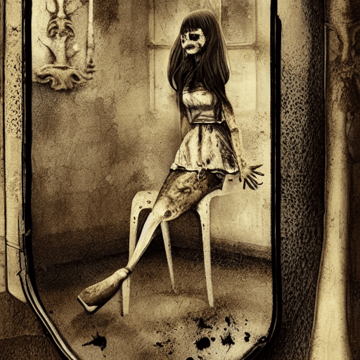 AI generated: A female doll ((with broken doll skin1:1)) looking at her own reflection in an old mirror, splatterh...
