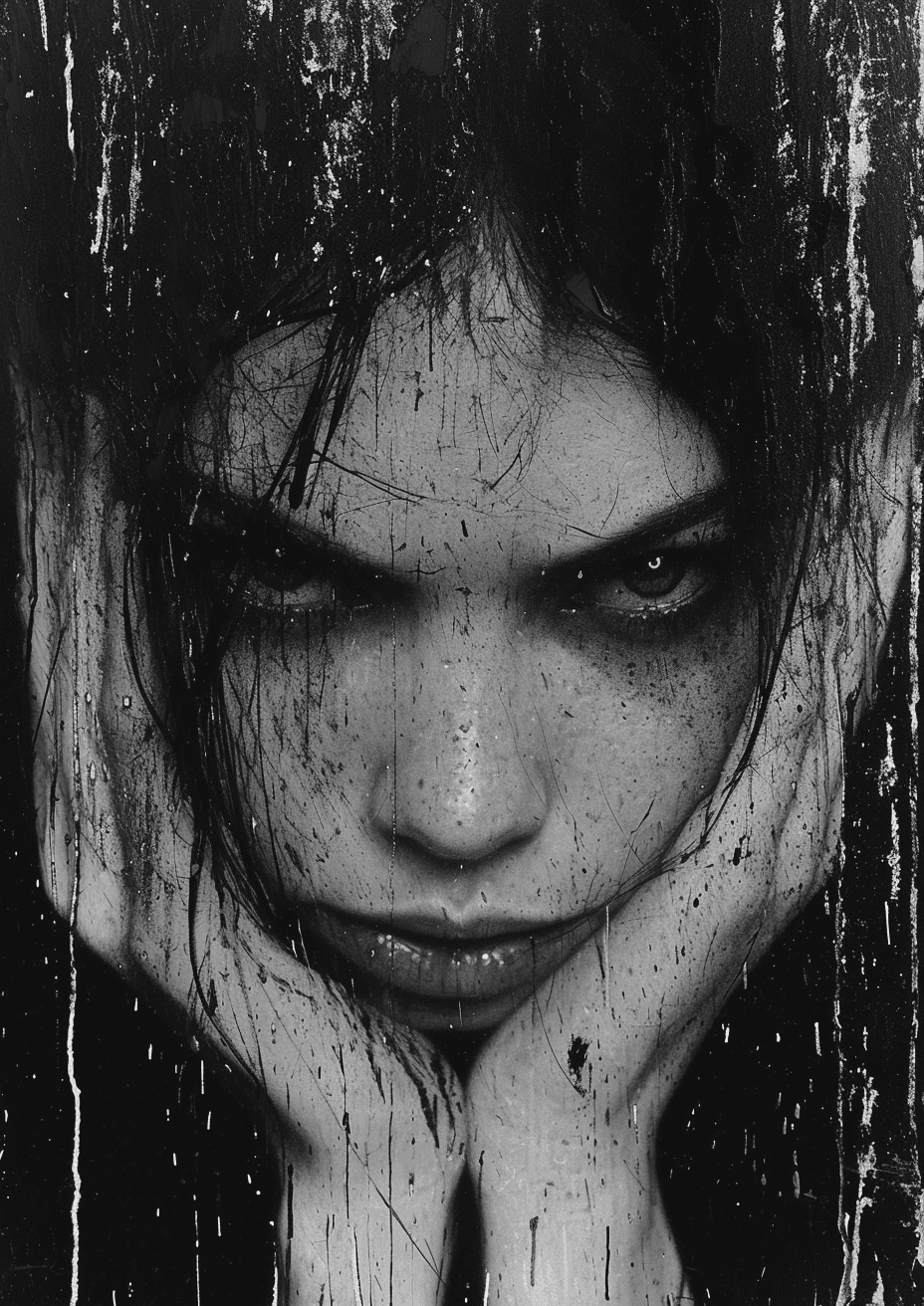 AI generated: a woman with her eyes covered, in the style of dramatic black and white portraits, loose and fluid, ...