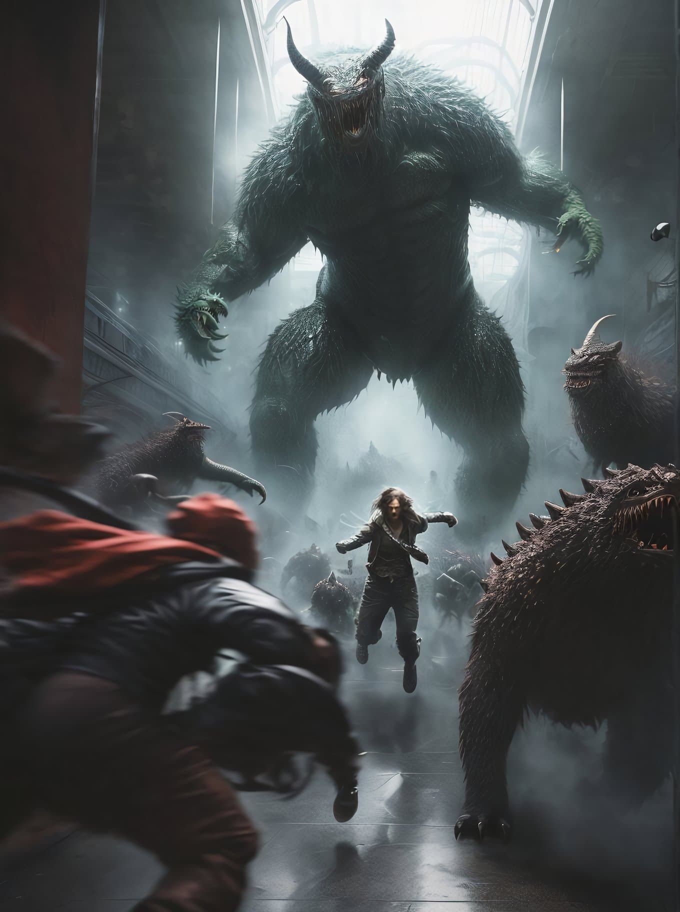 AI generated: people running from a monster in a subway, photo, 8k, hyper detailed art by daveshorror