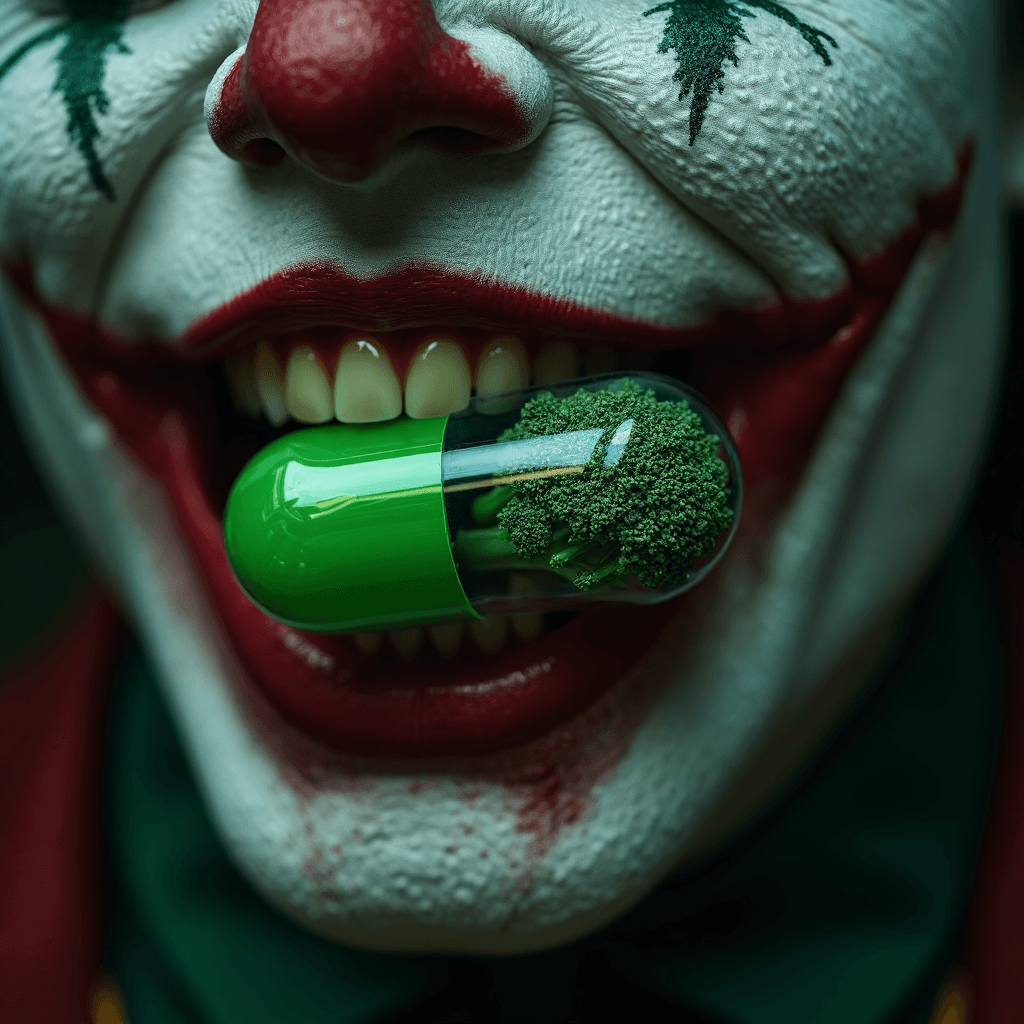 AI generated: high-quality eerie and haunted photography of a Joker holding in his mouth between teeth asymmetrica...