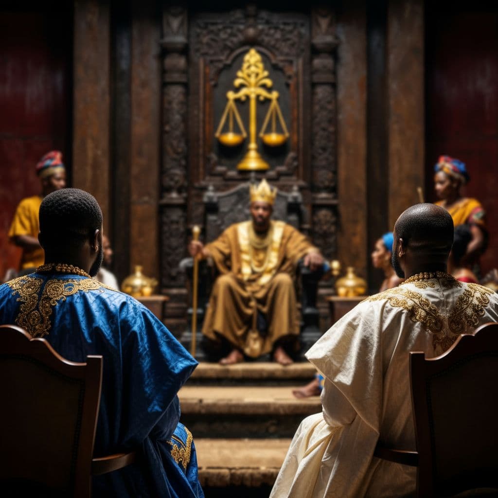 AI generated: Create an ultra-cinematic African royal court scene from an over-the-shoulder perspective. The camer...