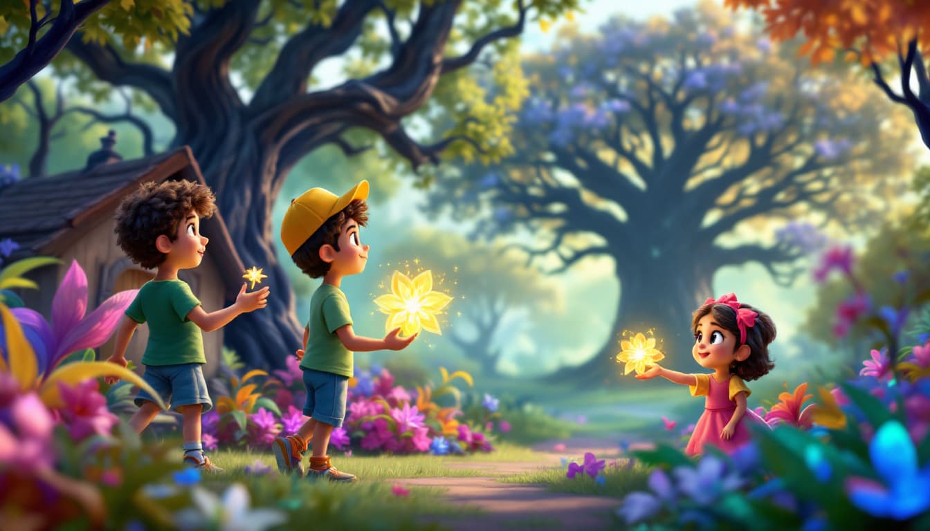 AI generated: "Create a 3D scene where Rohan and Meera are standing near a small hut, with Rohan holding one glowi...