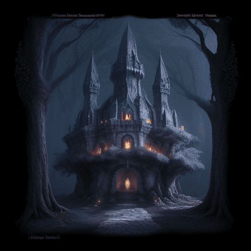 AI generated: fortress in ancient trees, majestic, dungeon synth, dungeon, fairytale, night. light, masterpiece, l...