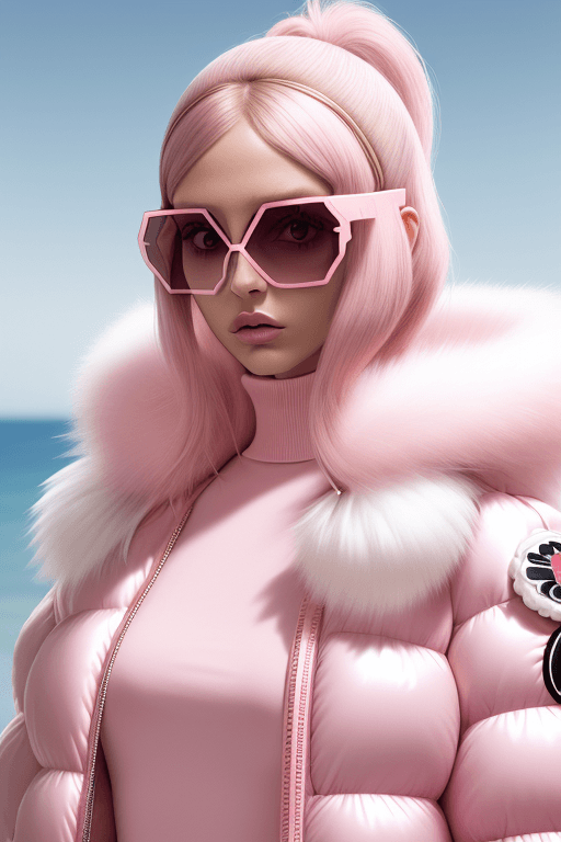 AI generated: Fashion shoot, Jacquemus and moncler collaboration: light pink translucent fur sunglasses, hyper-rea...