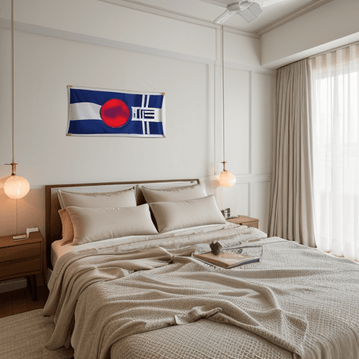 AI generated: high resolution photography interior design, frontal view, queen size bed with white beddings, large...
