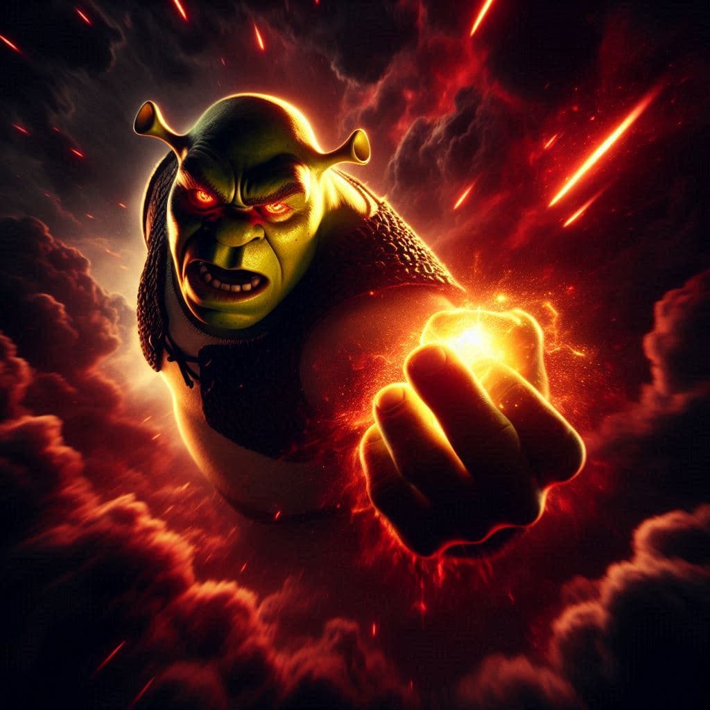 AI generated: vista de ángulo despaldas de figura oscura de Shrek heroico con determinación contrastado sobre fond...