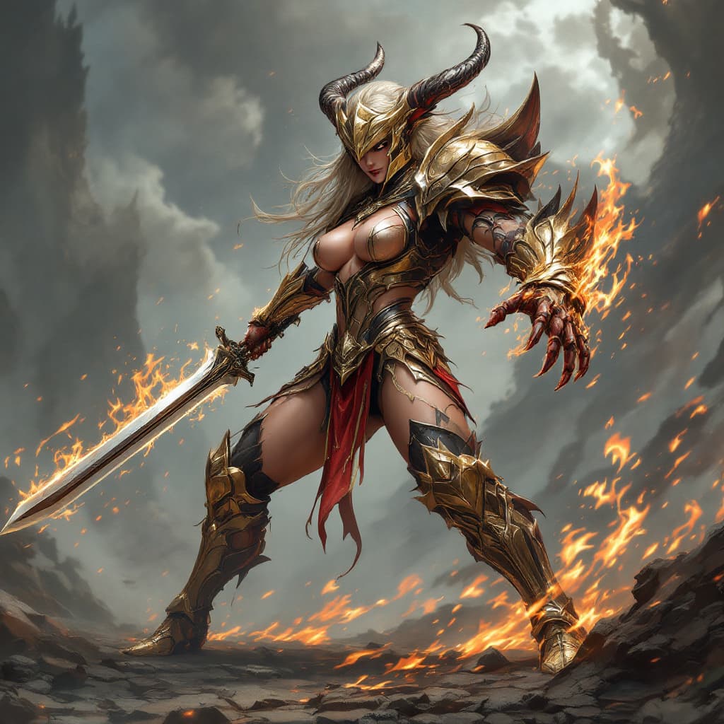 AI generated: perspective, view from side, full body shot of fantastic 1girl warrior fight with monster, holding s...