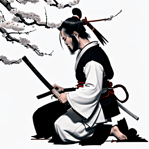 AI generated: white background. A Japanese samurai is kneeling under a sakura tree. a samurai performs a hara-kiri...