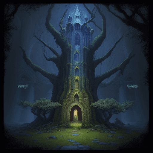 AI generated: fortress in ancient trees, majestic, dungeon synth, dungeon, fairytale, night. light, masterpiece, l...