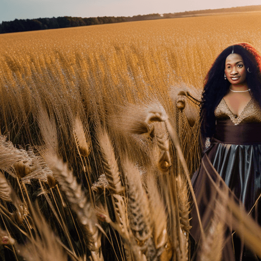 AI generated: a beautiful black woman in an elaborate gold gown standing in a wheat field holding a sickle and whe...