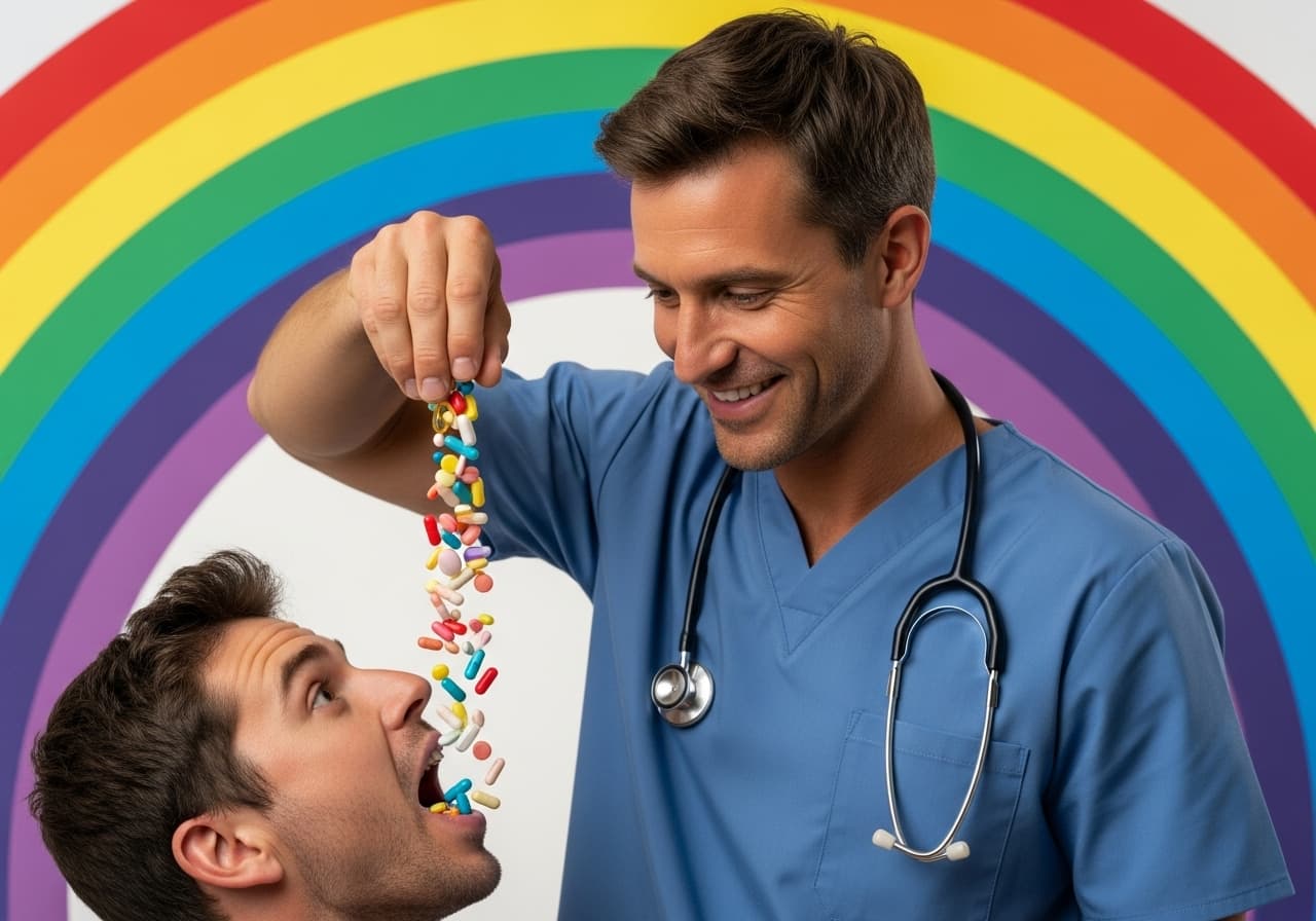 AI generated: Smiling doctor pours a mouthful of pills of different colors into a man's mouth. Against a rainbow b...