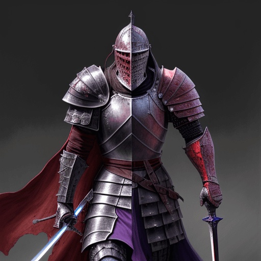 AI generated: a digital art drawing of a medieval knight wielding a one handed sword in front of him, Red and purp...