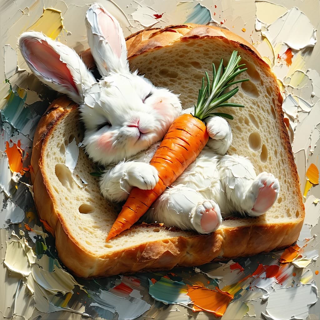 AI generated:  bunny sideway sleep (inside bread) with blanket of bread, eye closed, hugging his carrot plush doll...