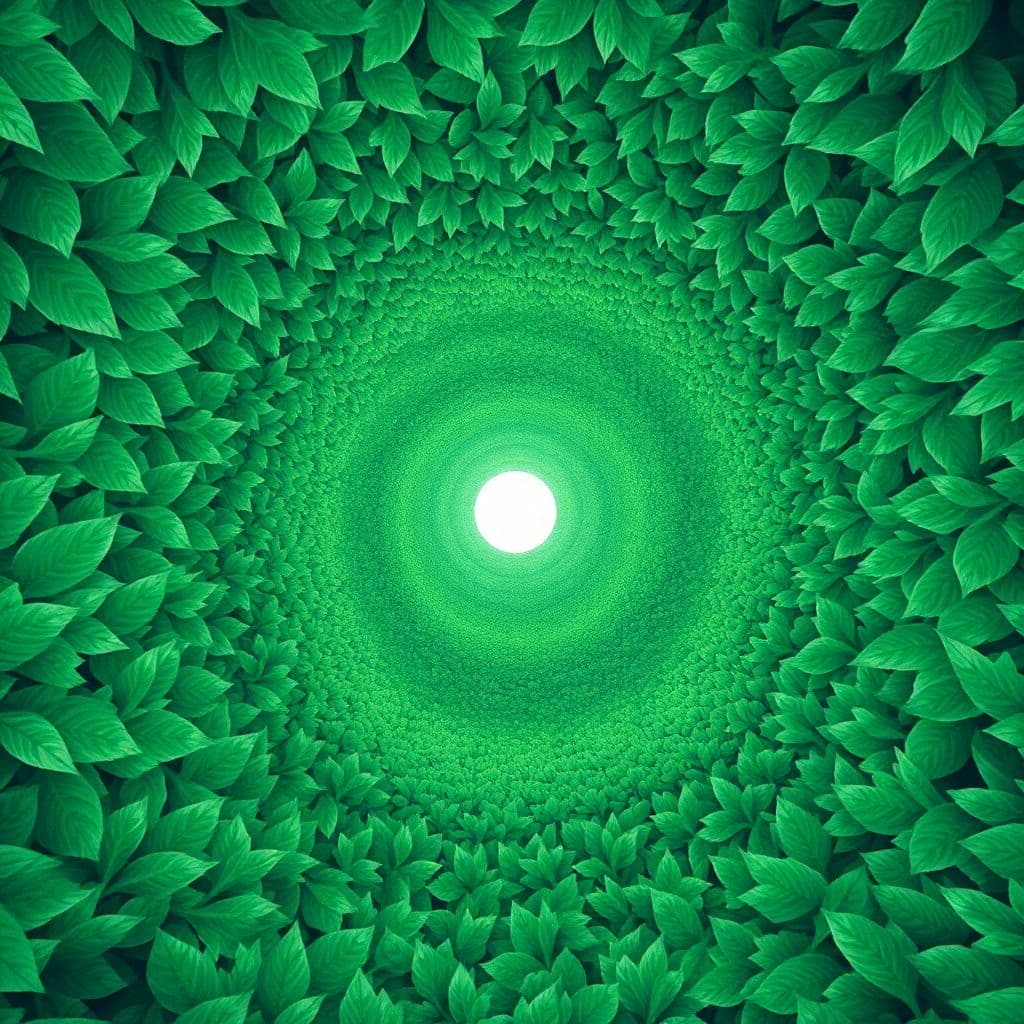 AI generated: water color feel, image of a straight infinite round tunnel of dense greeneries, no details, fractal...