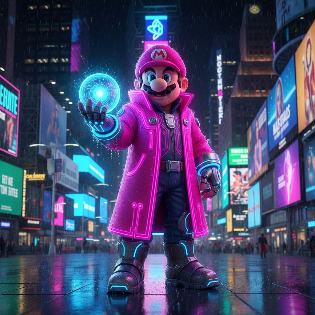 AI generated: ultra realistic 3D render of Mario, dressed in a futuristic neon cyberpunk outfit, glowing pink neon...