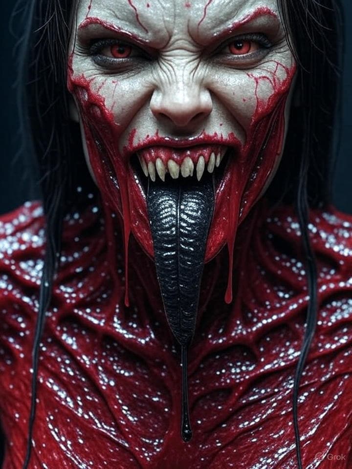 AI generated: Highly detailed cinematic close-up portrait of a threatening alien-symbiotic humanoid creature. Pale...
