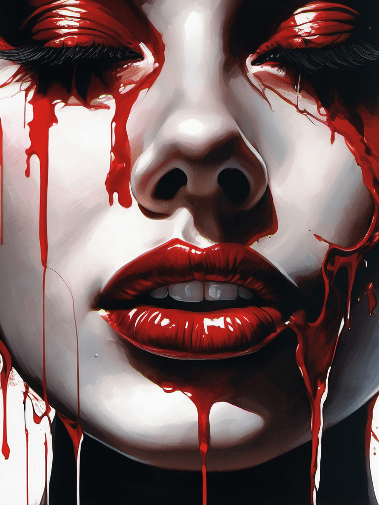 AI generated: blood drops on a narcissistic 17yo girl's face, elegant, lovely, psychopathic, sadistic, ruthless, d...