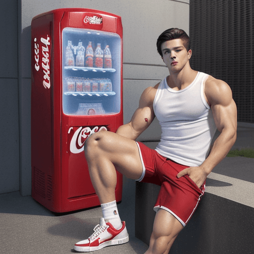 AI generated: A muscular and athletic young man sitting casually next to a red Coca-Cola vending machine in an urb...