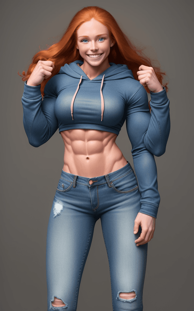 AI generated: 20 year old strong muscular woman, six pack,  toned biceps, muscular legs, long ginger hair, wears d...