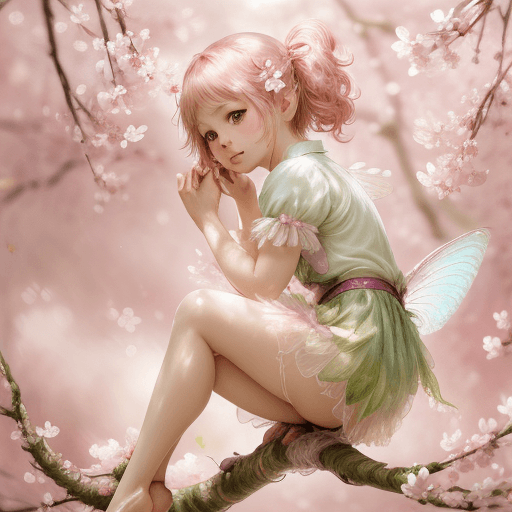 AI generated: chibi adorable pastel tinkerbell  sitting on a branch of sakura cherry tree : "intricately daintily ...